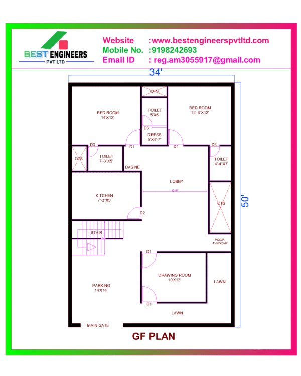 34×50 Floor Plan | 1700 sqft House Plan Design
