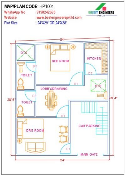24 x 29 West Facing House Plan with Car Parking and Porch