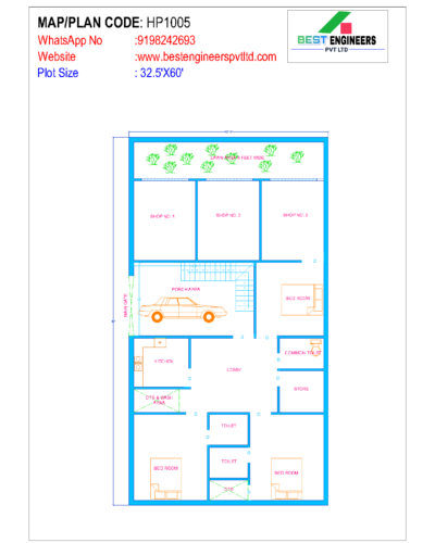 32.5 x 60 House Plan with 3 Shops | 1950 Sq. Ft. Home & Commercial Design