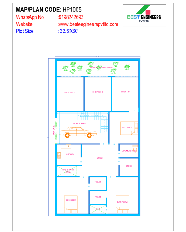 32.5 x 60 House Plan 1950 Sq Ft West Facing Ground Floor with 3 Shops