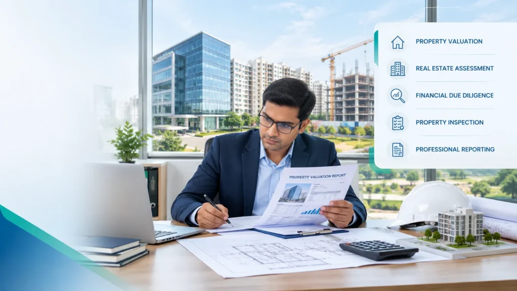 Professional property valuer reviewing valuation report and architectural drawings